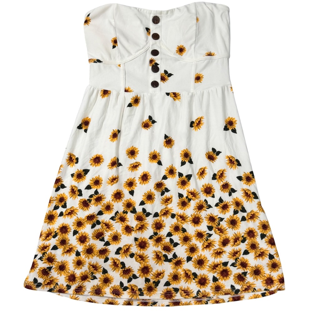 No Boundaries Sunflower Strapless Mini Dress White Floral Boho Cottagecore M 7-9